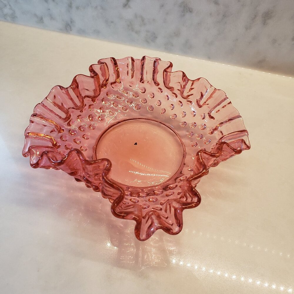 Cranberry Glass Hobnail Ruffled Bowl Candy Dish